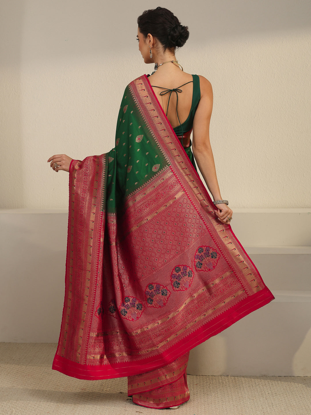 Libas Green and Red Woven Design Silk Blend Saree