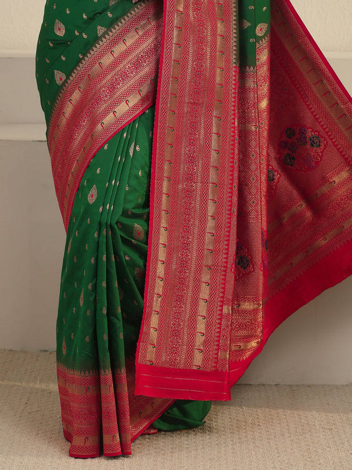 Libas Green and Red Woven Design Silk Blend Saree