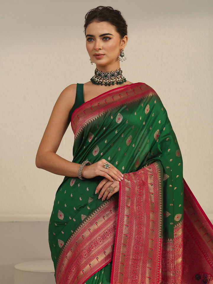 Libas Green and Red Woven Design Silk Blend Saree