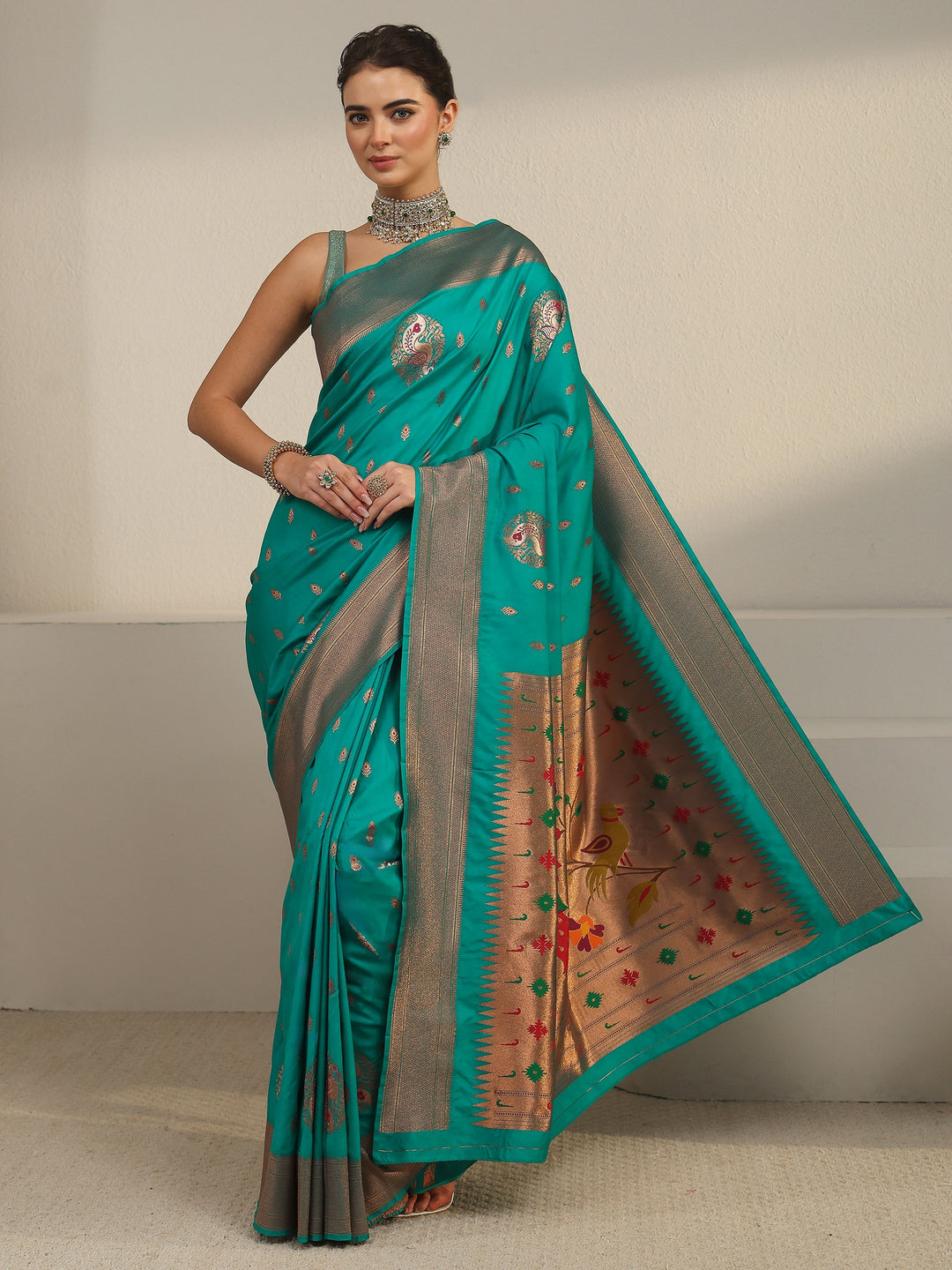 Libas Sea Green Silk Blend Paithani Saree