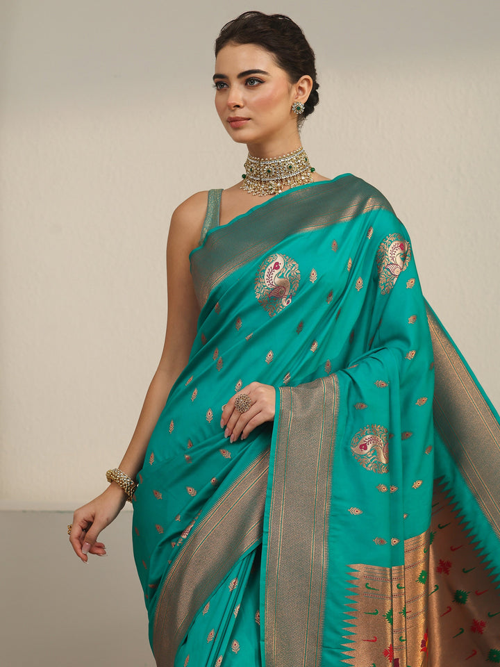 Libas Sea Green Silk Blend Paithani Saree