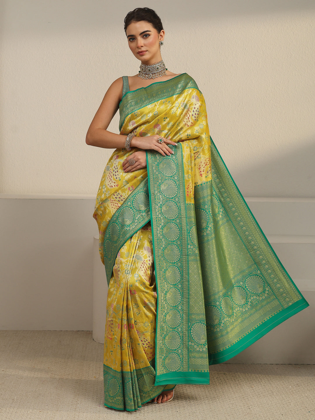 Libas Mustard and Green Floral Woven Design Silk Blend Saree