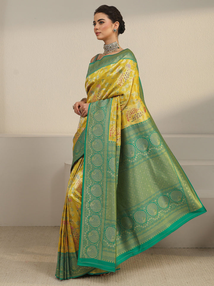 Libas Mustard and Green Floral Woven Design Silk Blend Saree