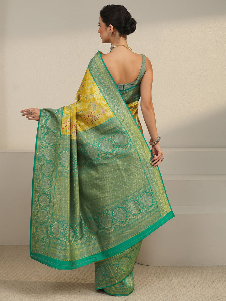 Libas Mustard and Green Floral Woven Design Silk Blend Saree