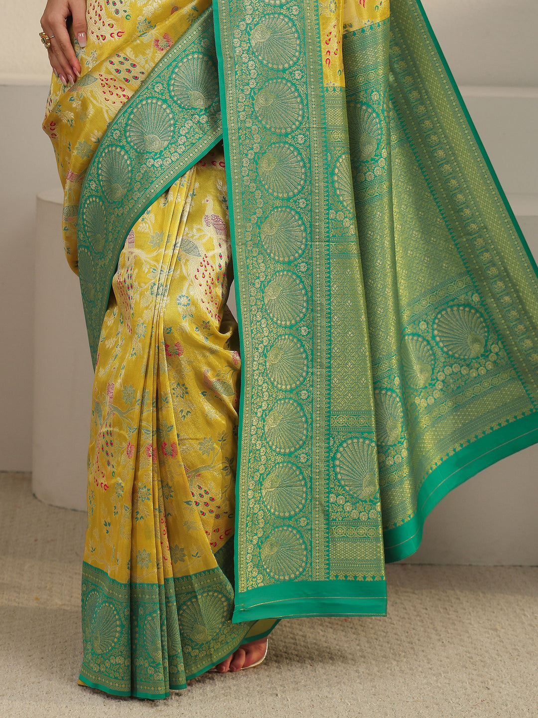 Libas Mustard and Green Floral Woven Design Silk Blend Saree