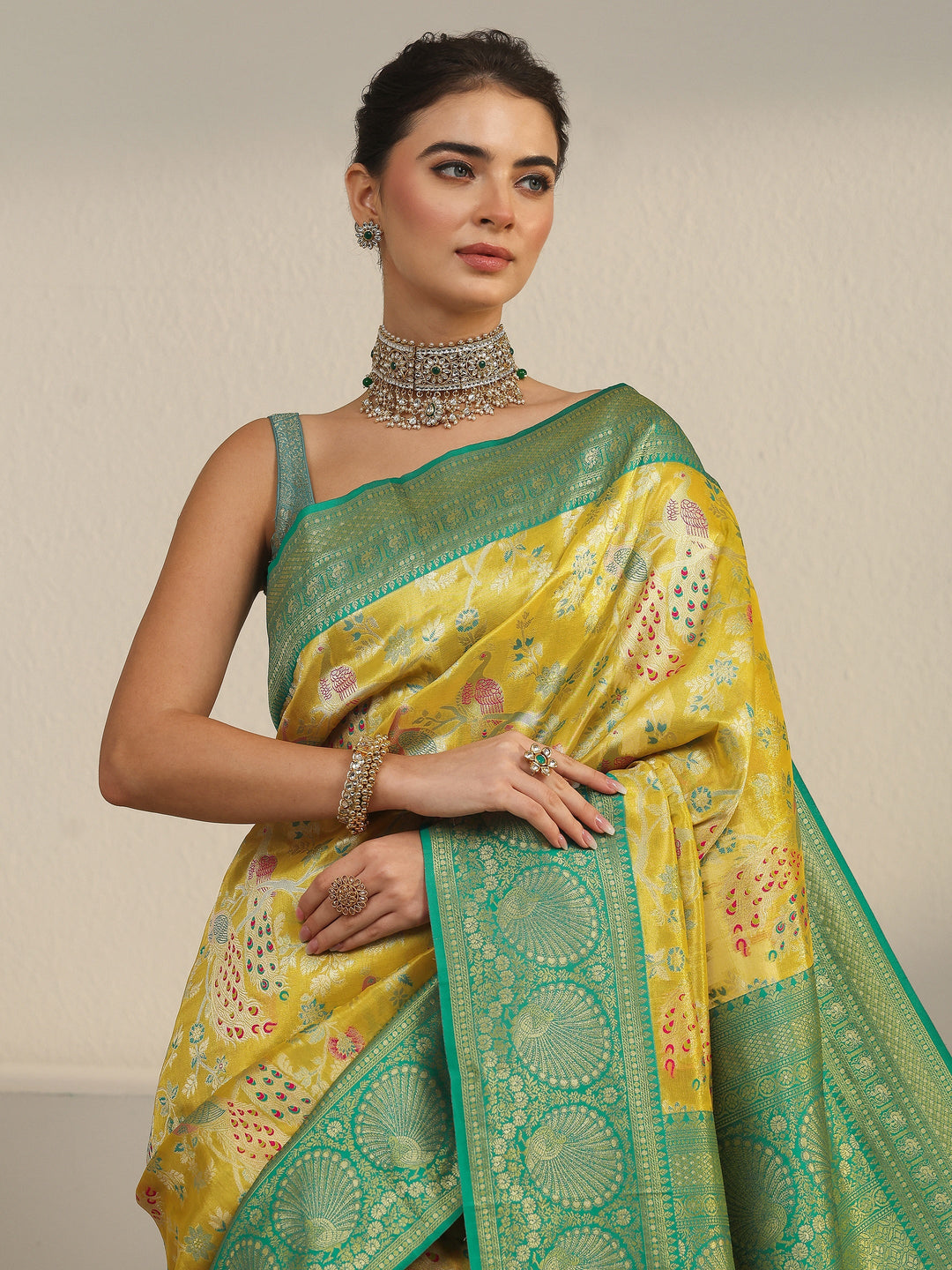 Libas Mustard and Green Floral Woven Design Silk Blend Saree
