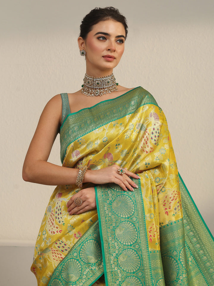 Libas Mustard and Green Floral Woven Design Silk Blend Saree