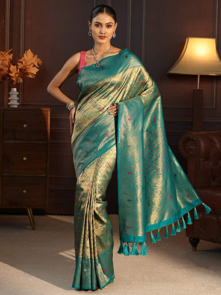 Libas Teal Green Woven Design Silk Blend Saree