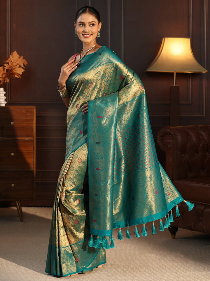 Libas Teal Green Woven Design Silk Blend Saree