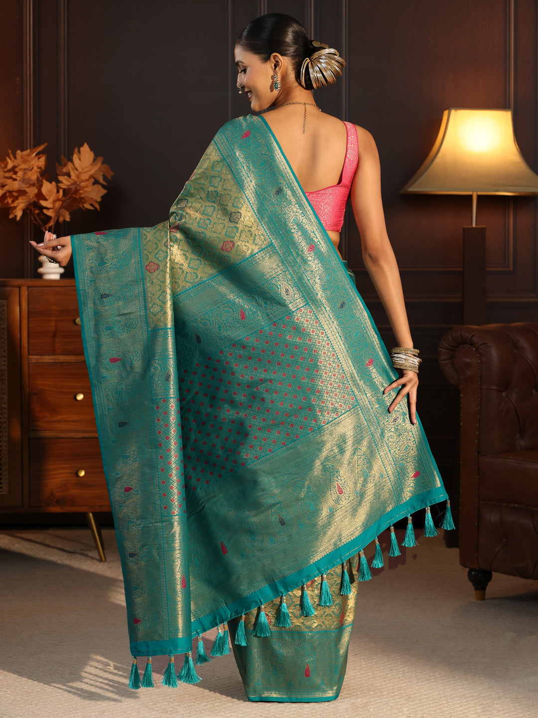 Libas Teal Green Woven Design Silk Blend Saree