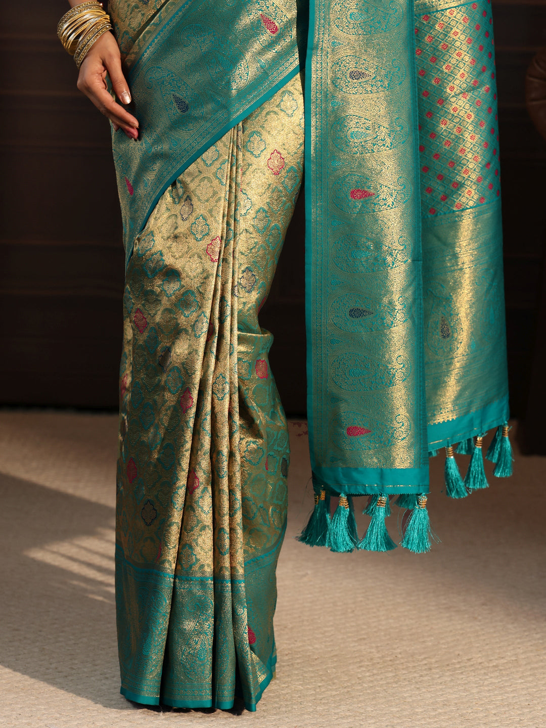 Libas Teal Green Woven Design Silk Blend Saree