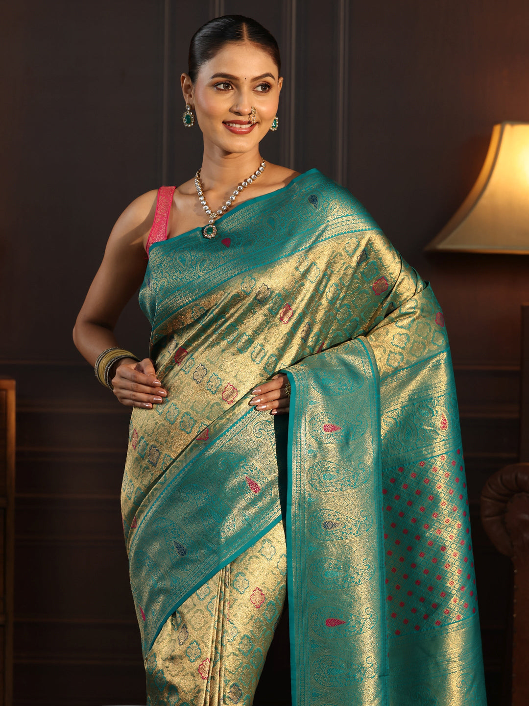 Libas Teal Green Woven Design Silk Blend Saree
