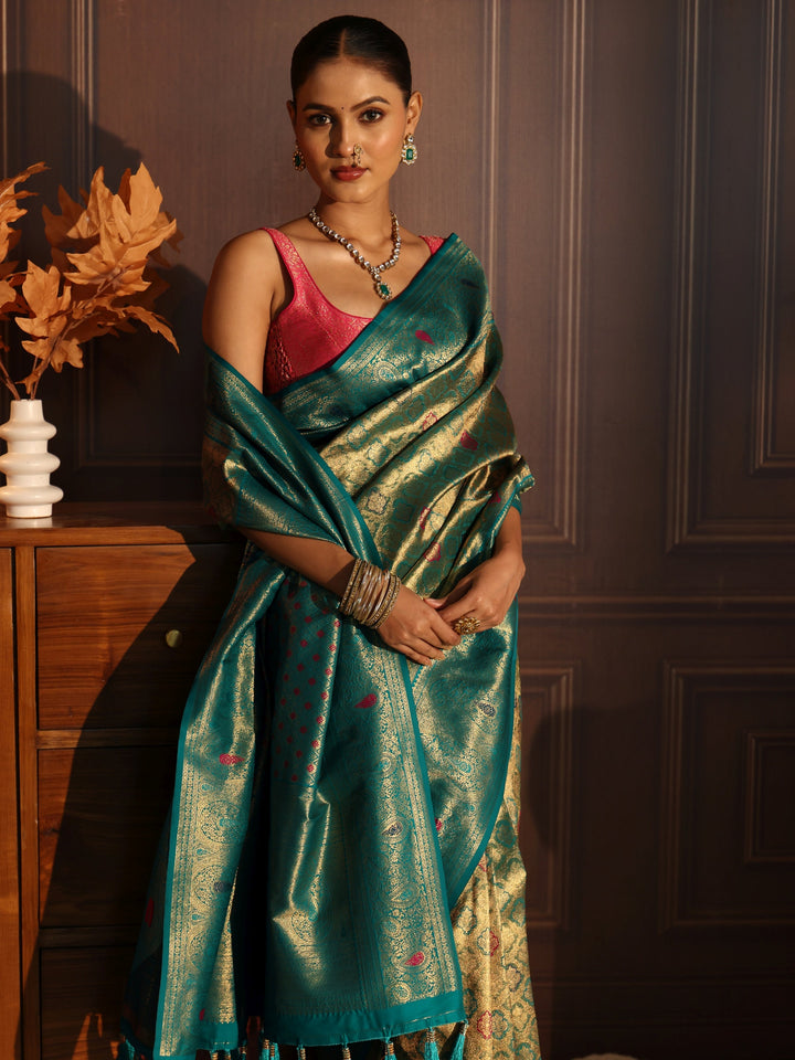 Libas Teal Green Woven Design Silk Blend Saree