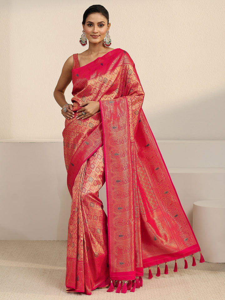 Libas Pink Floral Woven Design Silk Blend Saree with Paisley Border