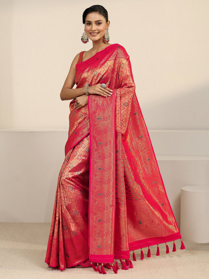 Libas Pink Floral Woven Design Silk Blend Saree with Paisley Border