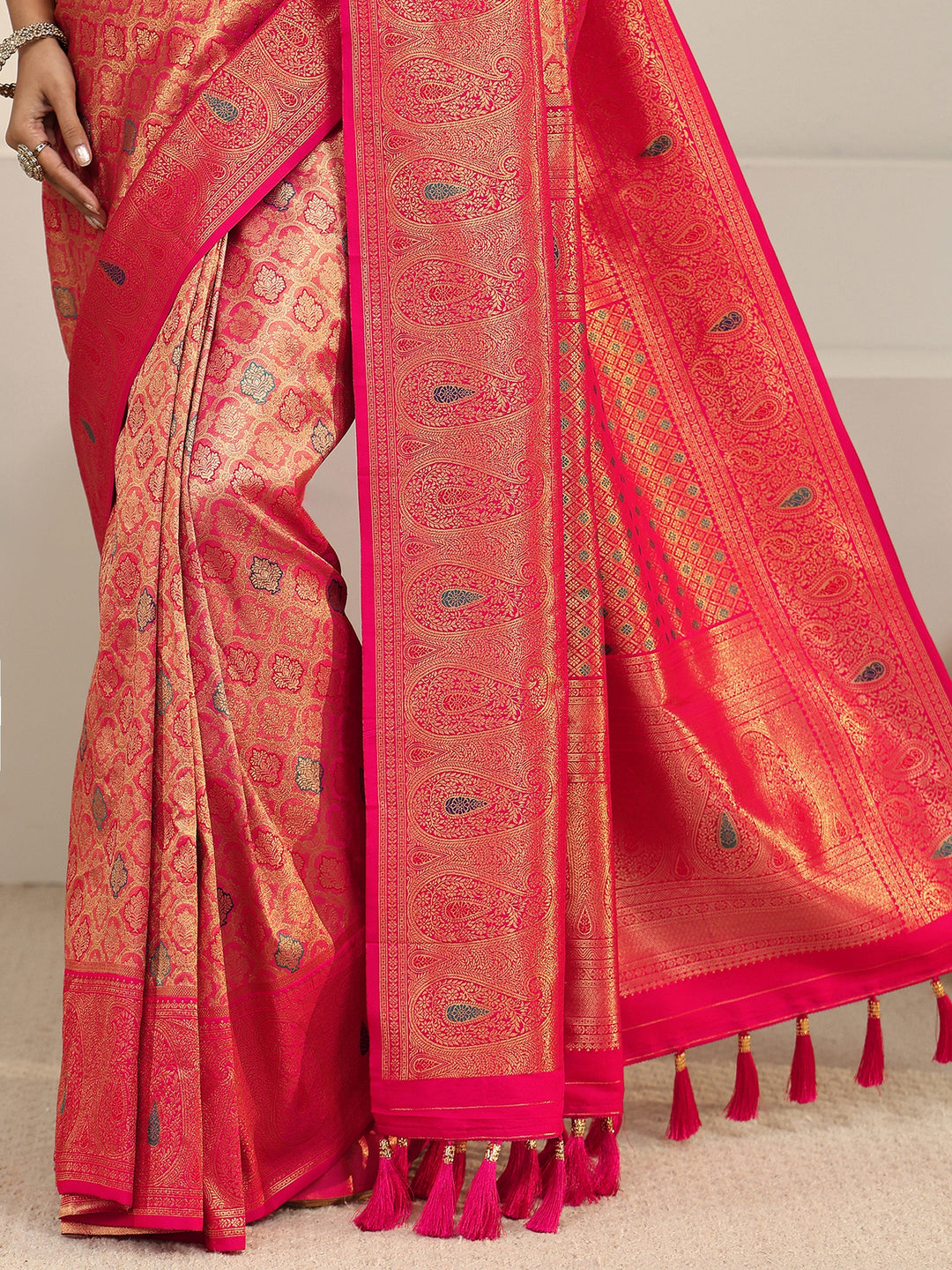 Libas Pink Floral Woven Design Silk Blend Saree with Paisley Border