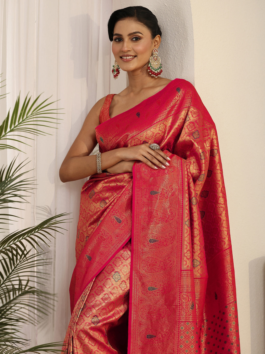 Libas Pink Floral Woven Design Silk Blend Saree with Paisley Border