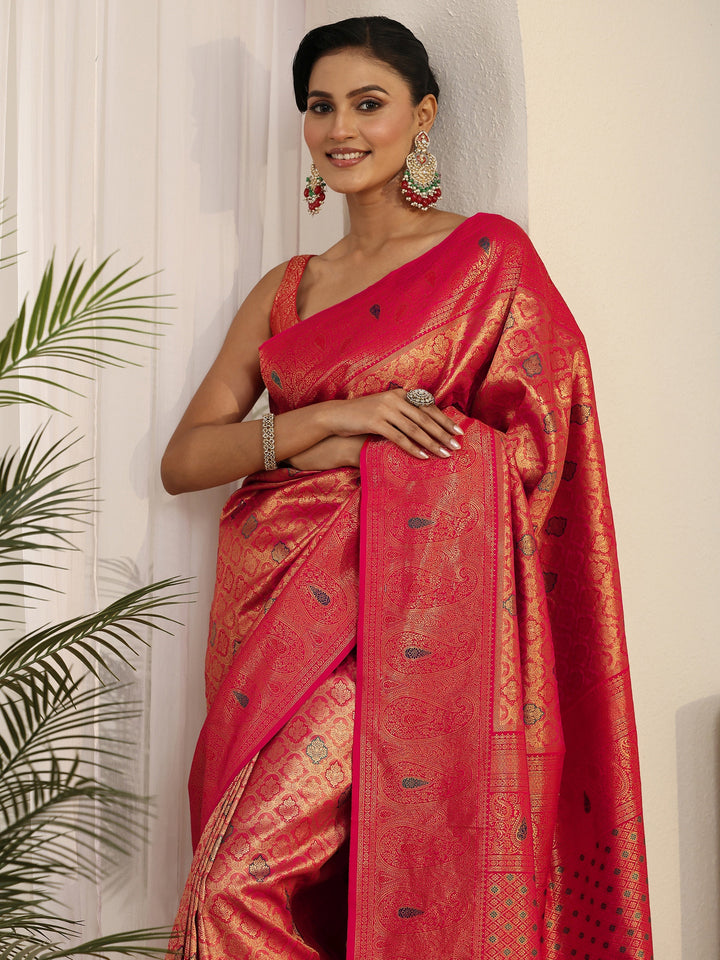 Libas Pink Floral Woven Design Silk Blend Saree with Paisley Border