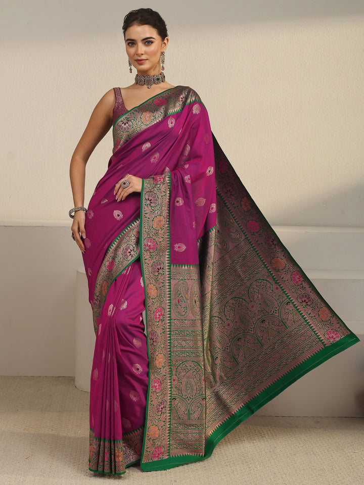 Libas Purple and Green Woven Design Silk Blend Saree