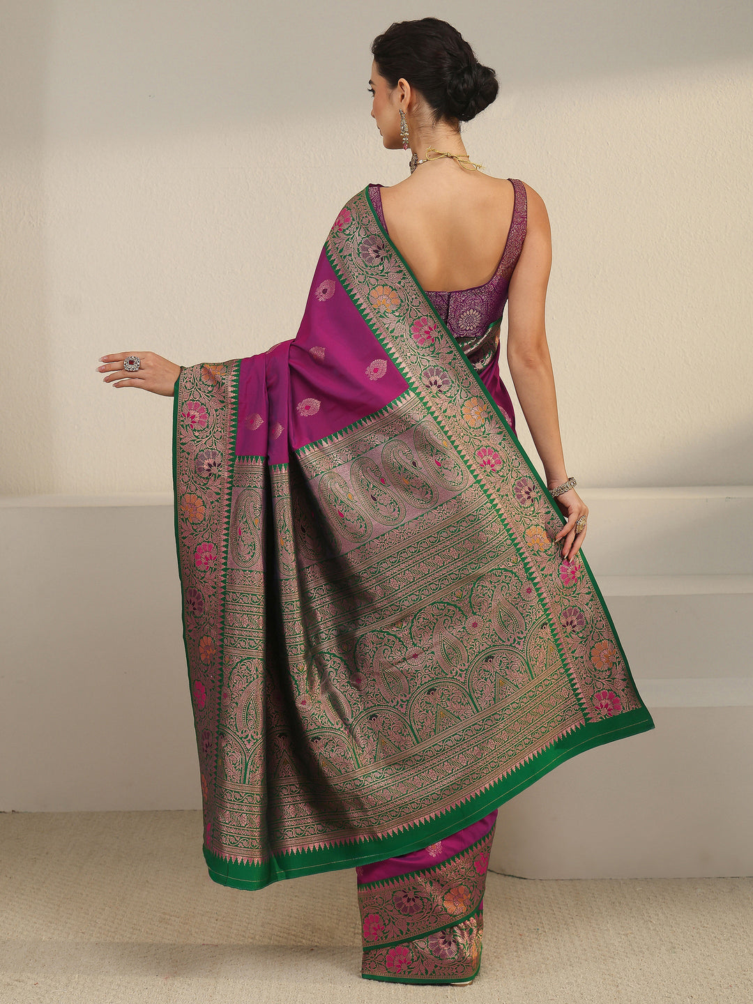 Libas Purple and Green Woven Design Silk Blend Saree