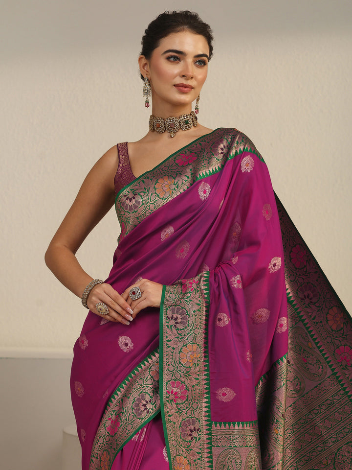 Libas Purple and Green Woven Design Silk Blend Saree