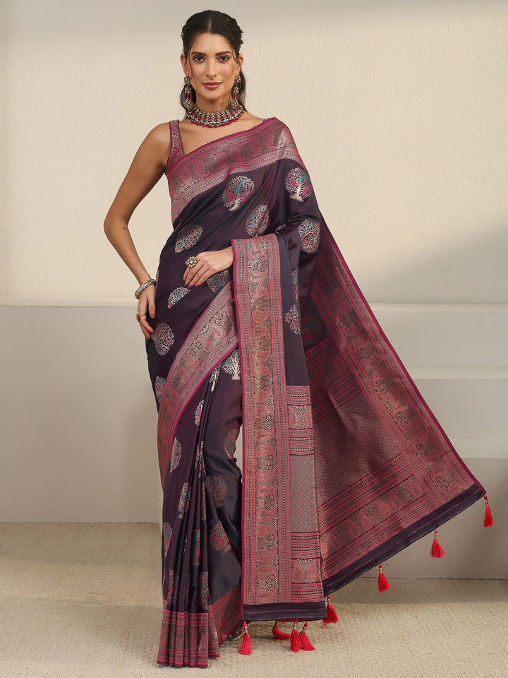 Libas Wine Ethnic Motif Woven Design Satin Saree