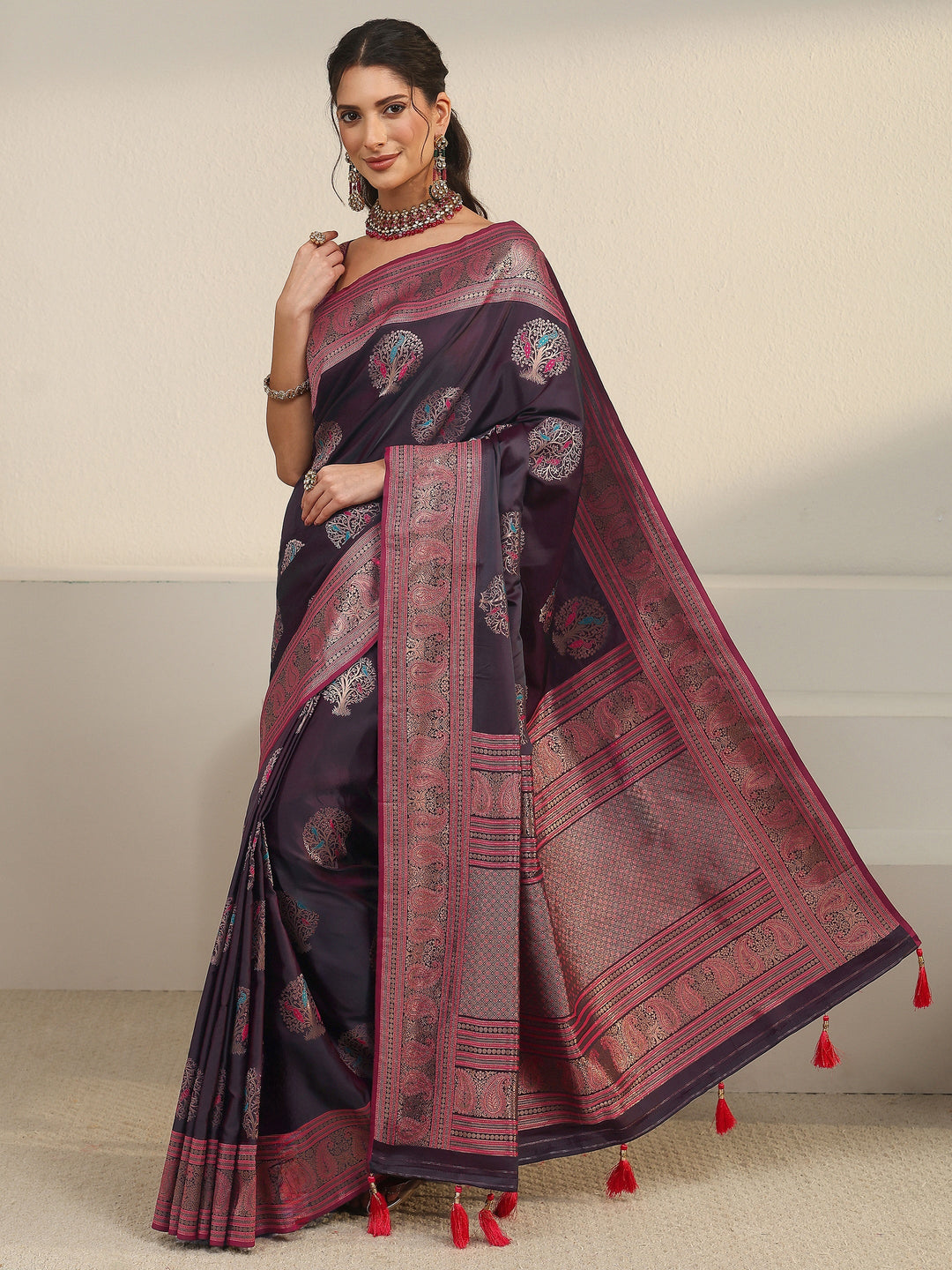 Libas Wine Ethnic Motif Woven Design Satin Saree