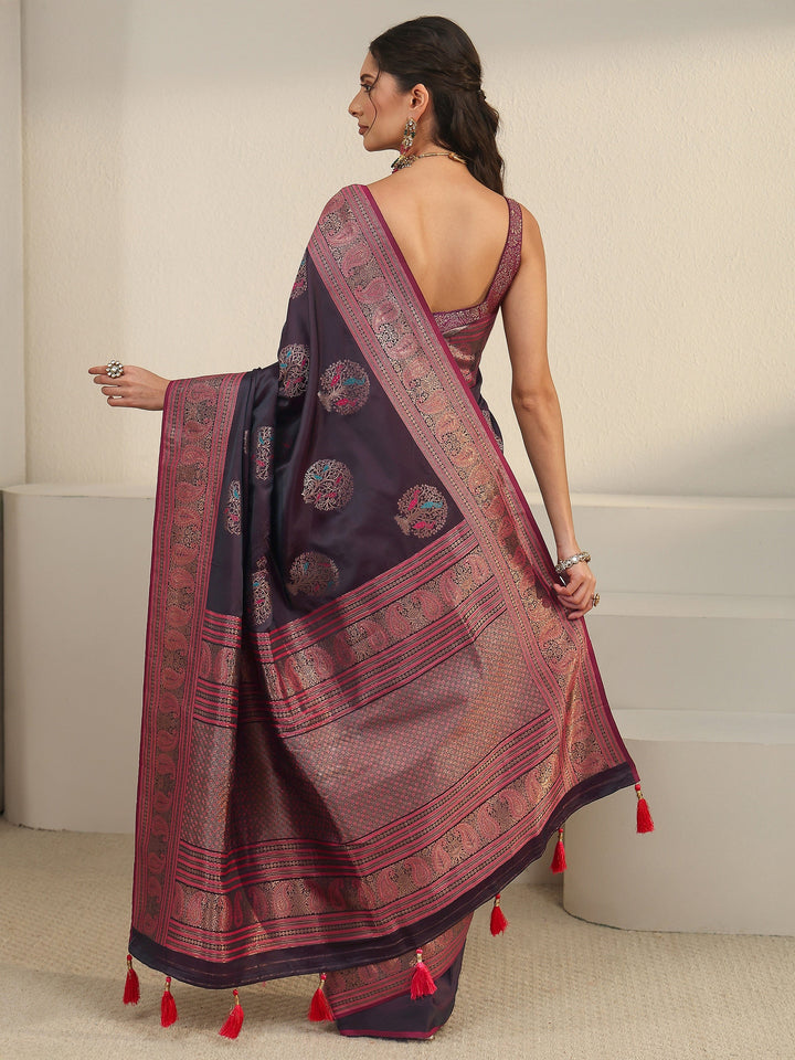Libas Wine Ethnic Motif Woven Design Satin Saree
