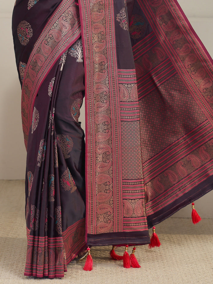 Libas Wine Ethnic Motif Woven Design Satin Saree