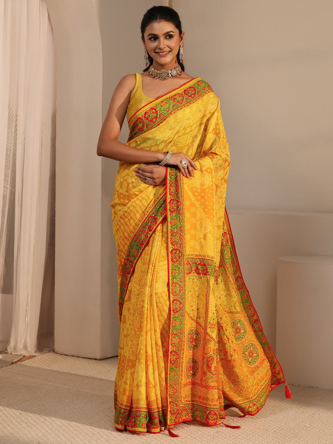 Libas Yellow Printed Georgette Saree