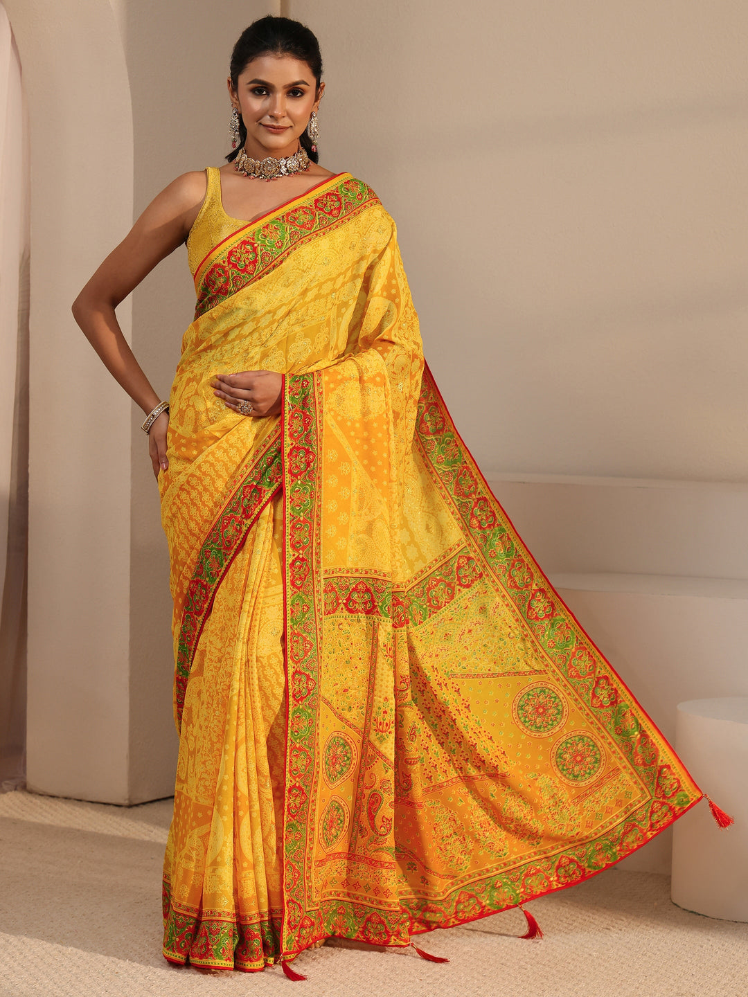 Libas Yellow Printed Georgette Saree