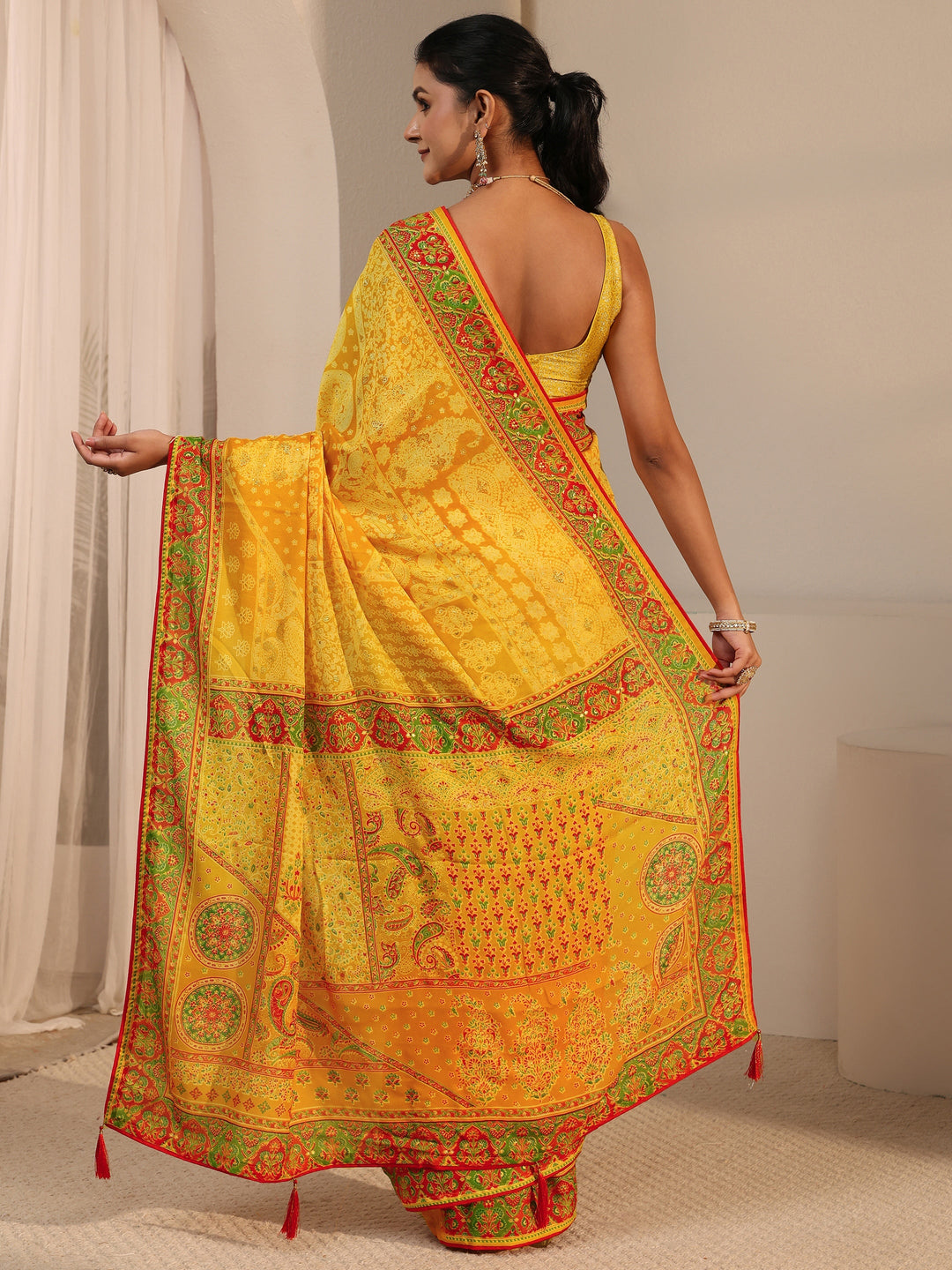 Libas Yellow Printed Georgette Saree