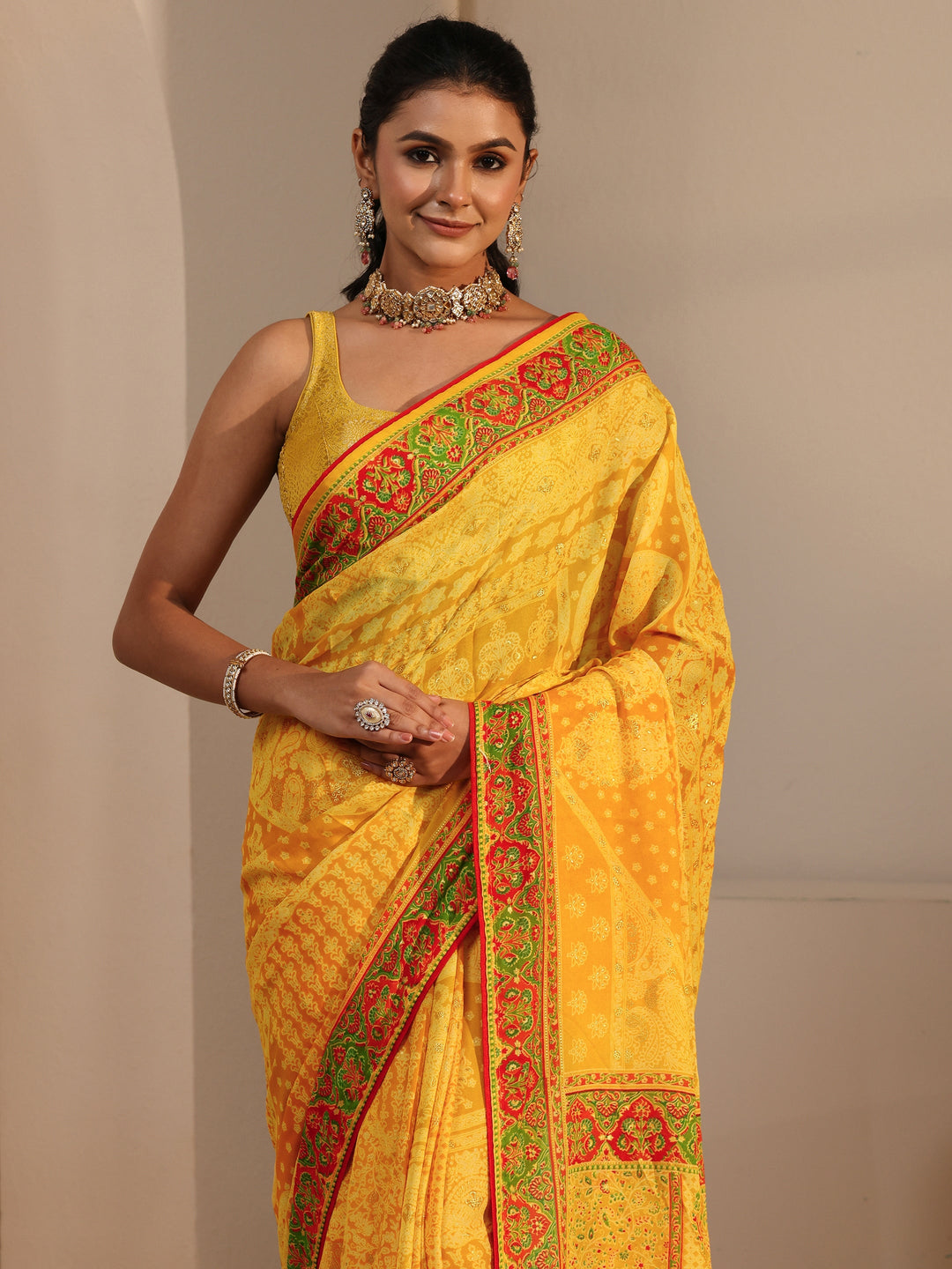Libas Yellow Printed Georgette Saree