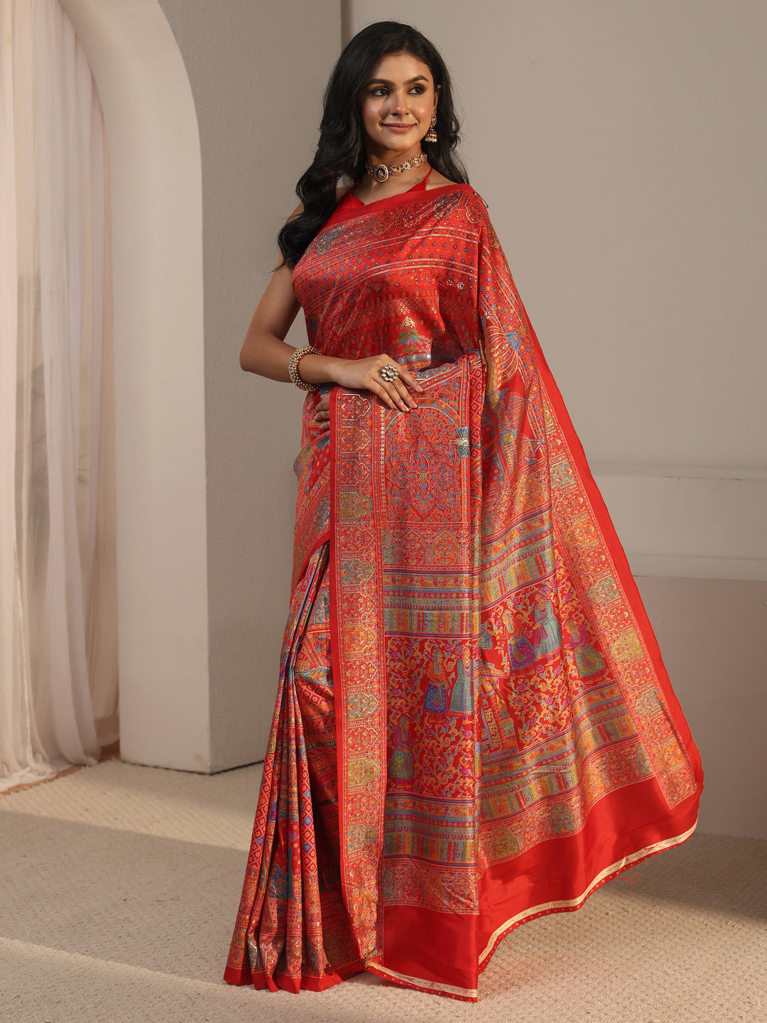 Libas Red Ethnic Printed Silk Blend Saree