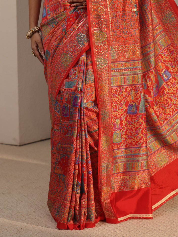 Libas Red Ethnic Printed Silk Blend Saree