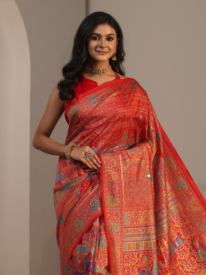 Libas Red Ethnic Printed Silk Blend Saree