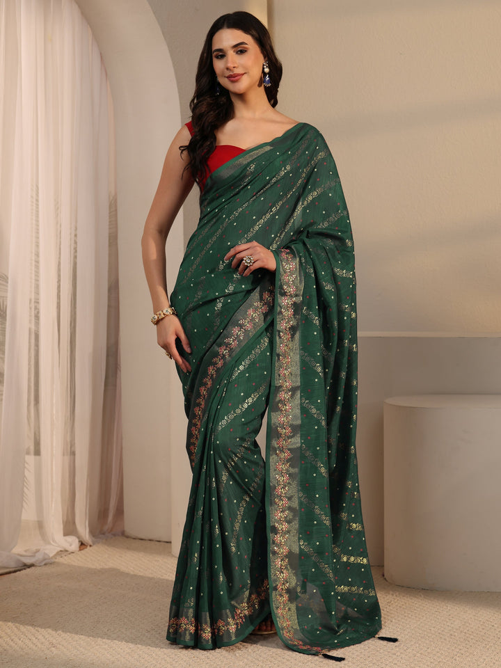 Libas Green Floral Foil Printed Silk Blend Saree