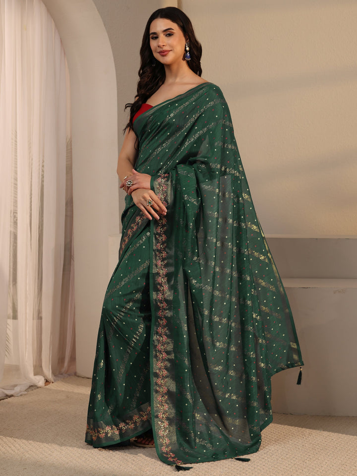 Libas Green Floral Foil Printed Silk Blend Saree