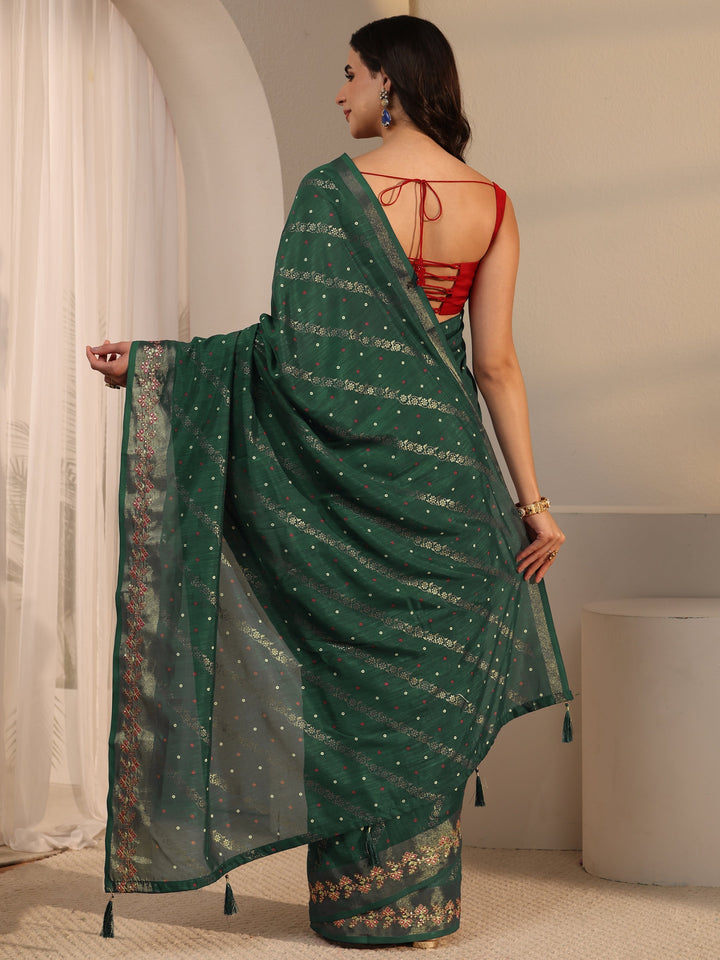 Libas Green Floral Foil Printed Silk Blend Saree