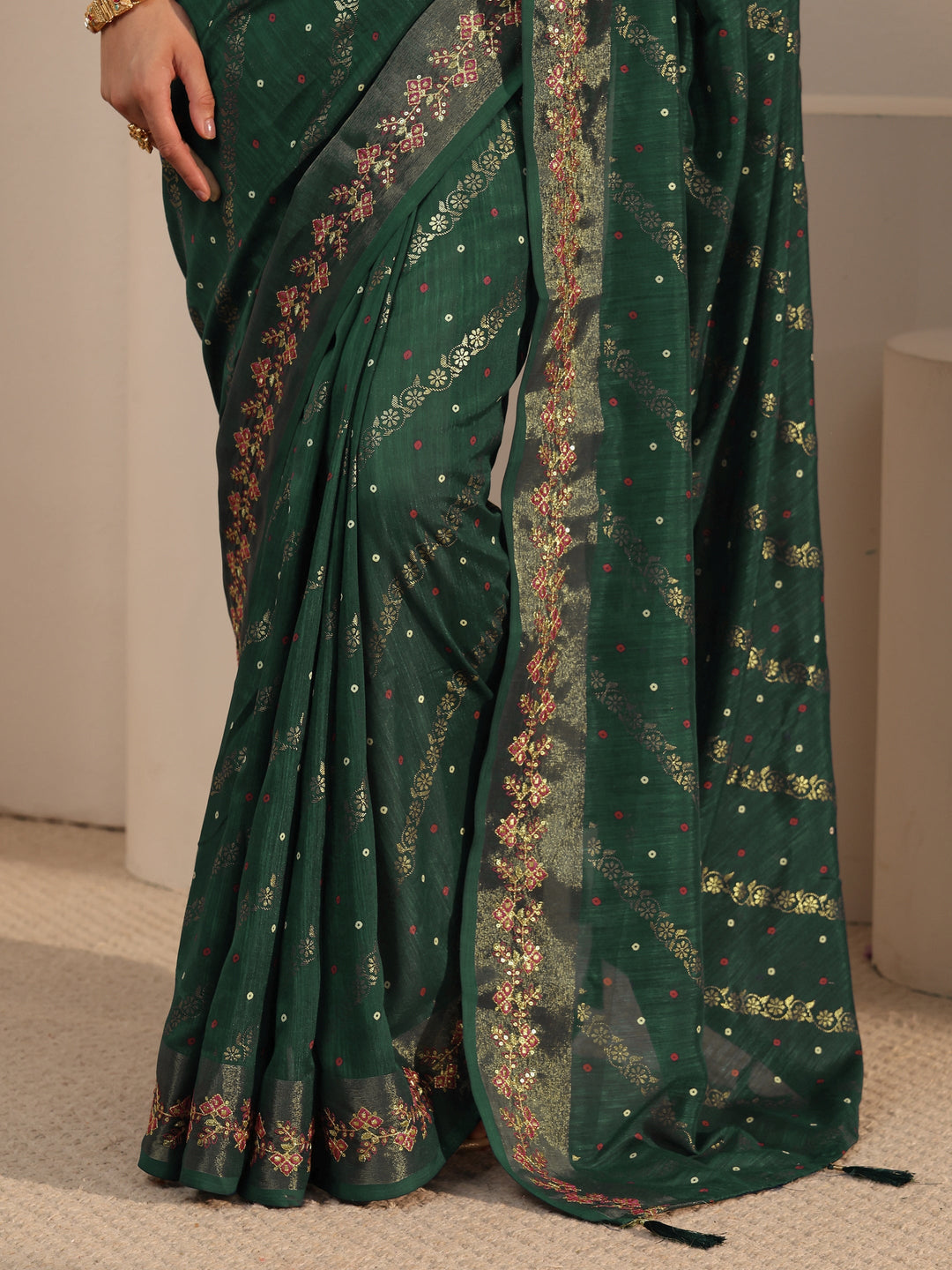 Libas Green Floral Foil Printed Silk Blend Saree
