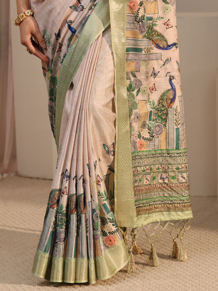 Libas Beige Peacock Silk Blend Tassel Saree with Woven Border