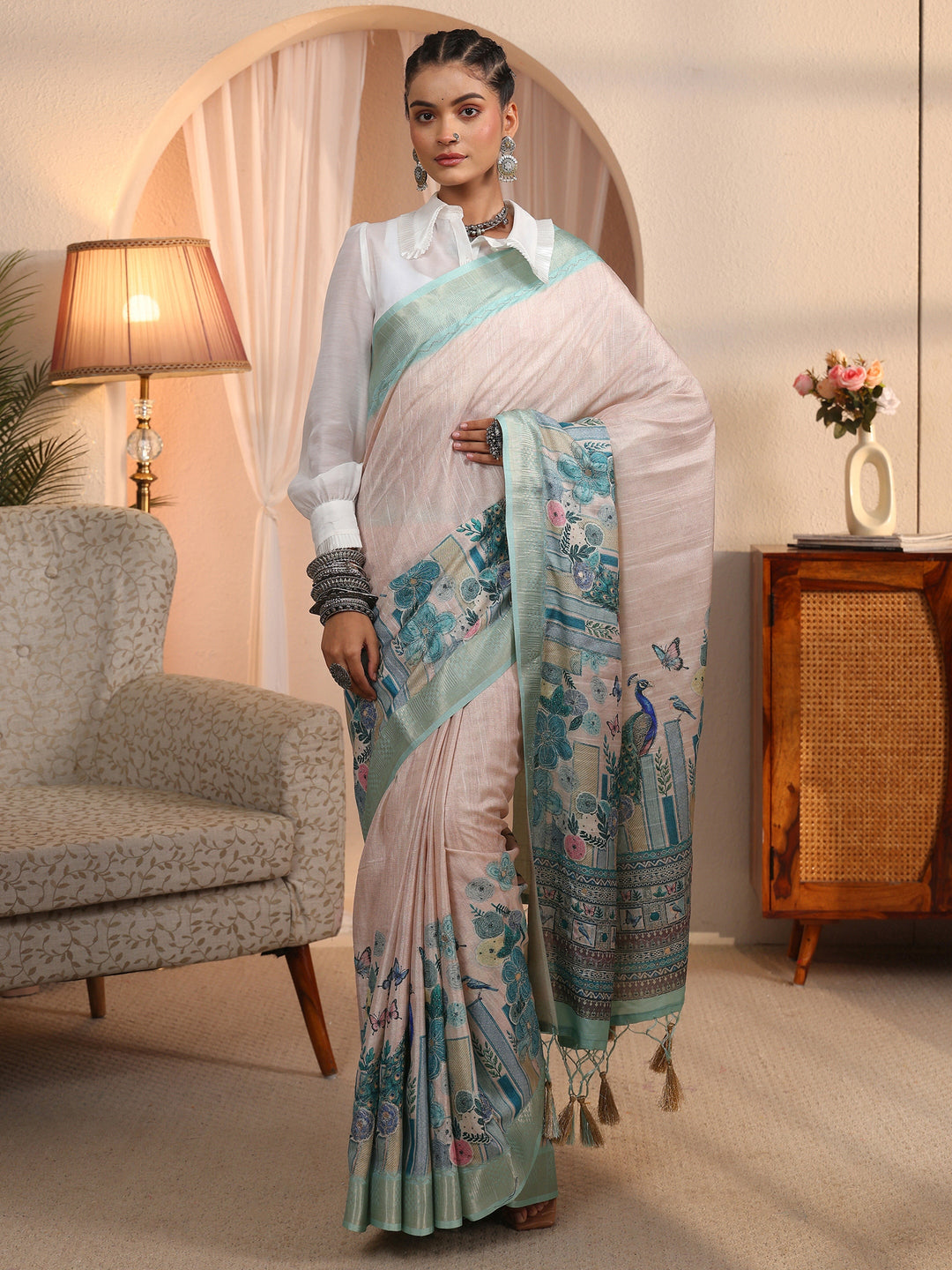 Libas Beige and Blue Printed Silk Blend Tassel Saree