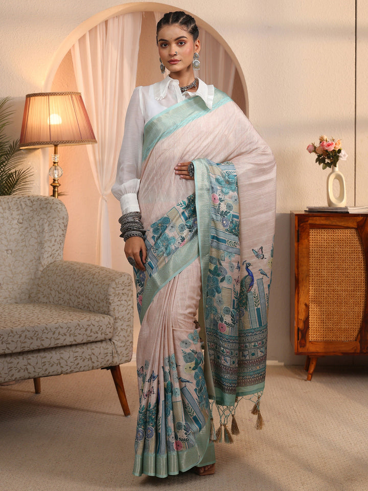 Libas Beige and Blue Printed Silk Blend Tassel Saree