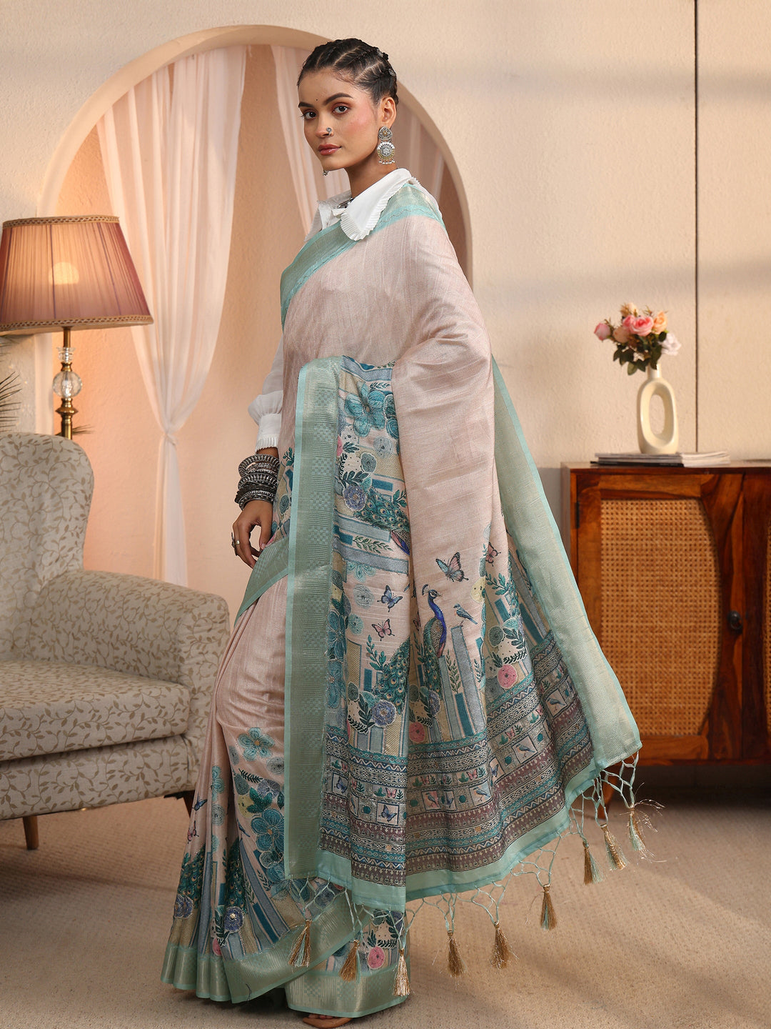 Libas Beige and Blue Printed Silk Blend Tassel Saree