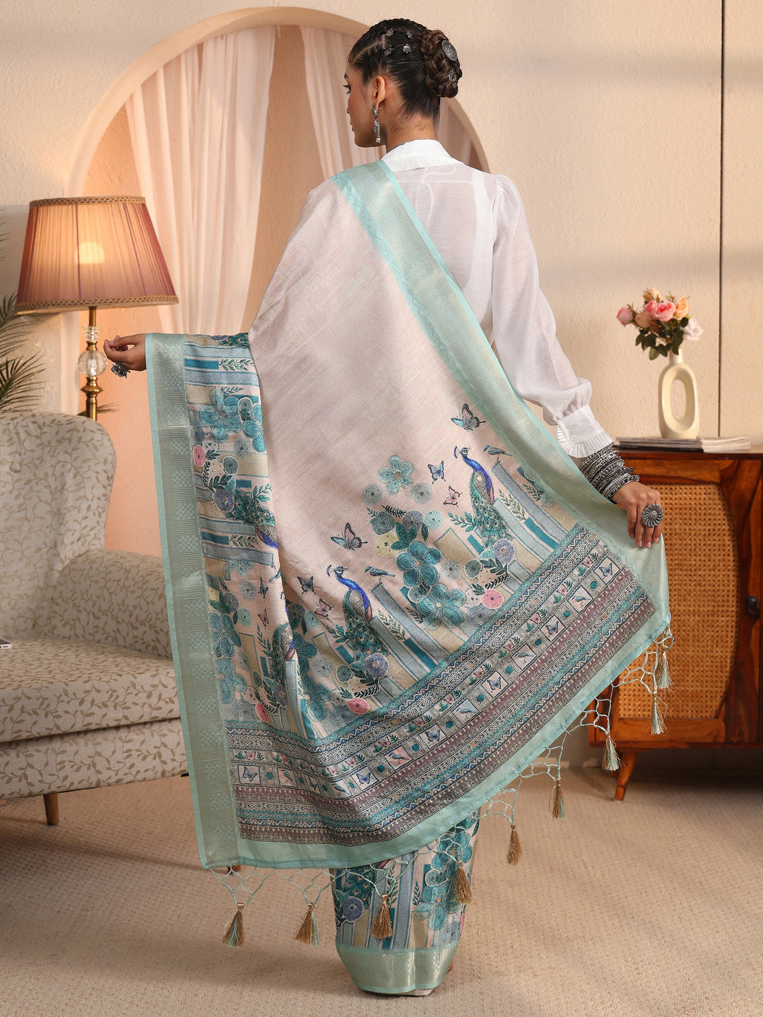 Libas Beige and Blue Printed Silk Blend Tassel Saree