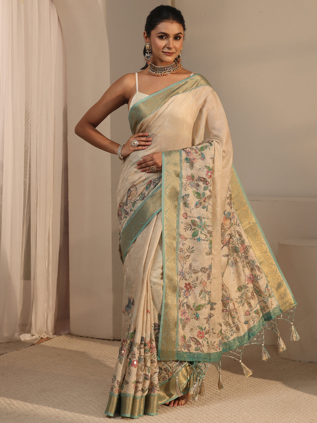 Libas Beige Floral Printed Silk Blend Tassel Saree with Woven Border