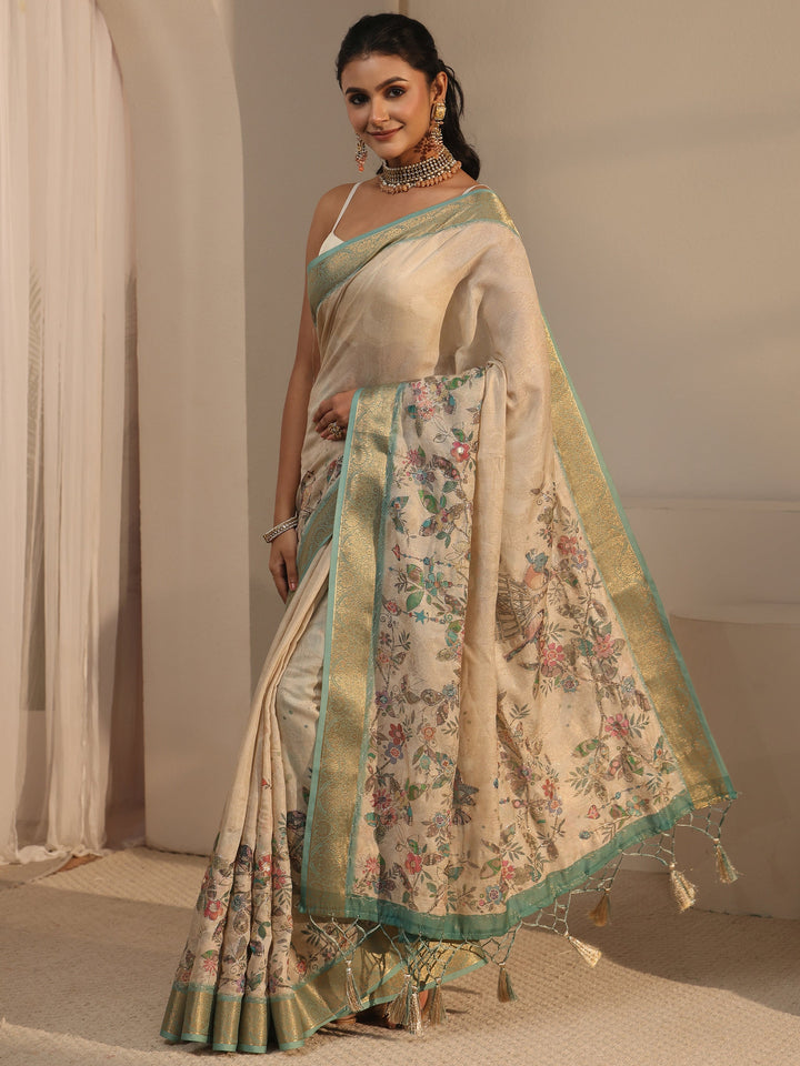 Libas Beige Floral Printed Silk Blend Tassel Saree with Woven Border