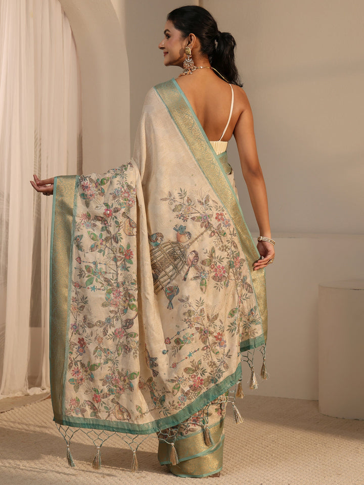 Libas Beige Floral Printed Silk Blend Tassel Saree with Woven Border
