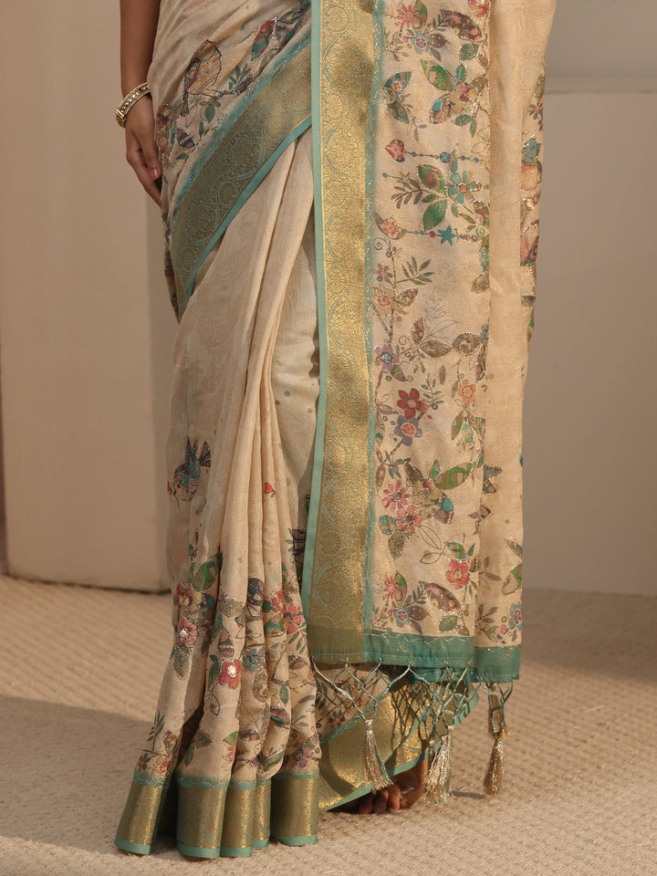 Libas Beige Floral Printed Silk Blend Tassel Saree with Woven Border