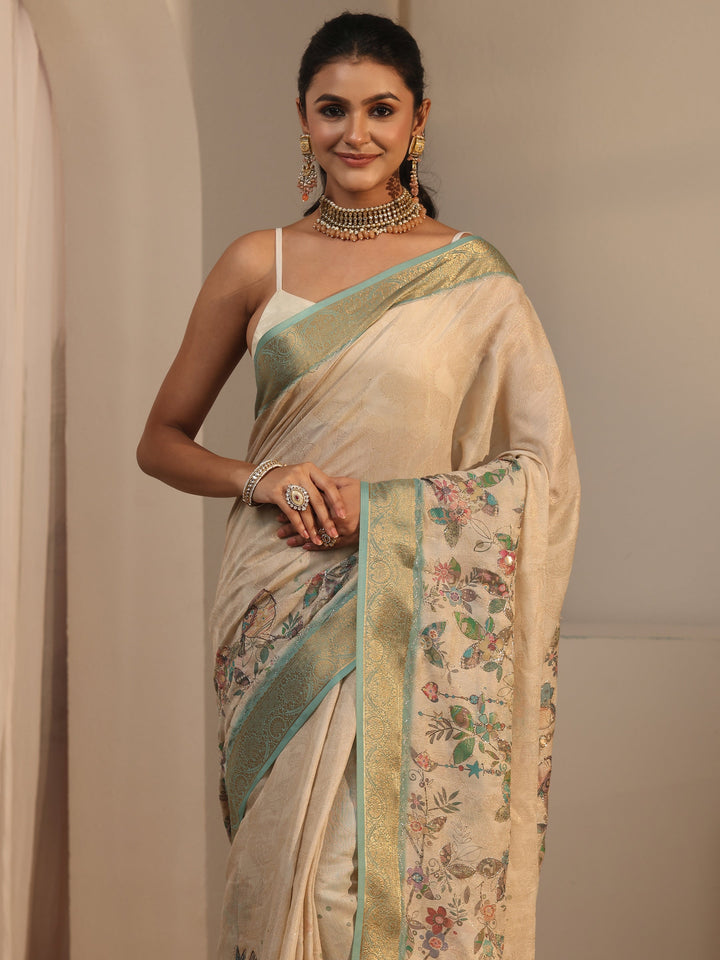 Libas Beige Floral Printed Silk Blend Tassel Saree with Woven Border